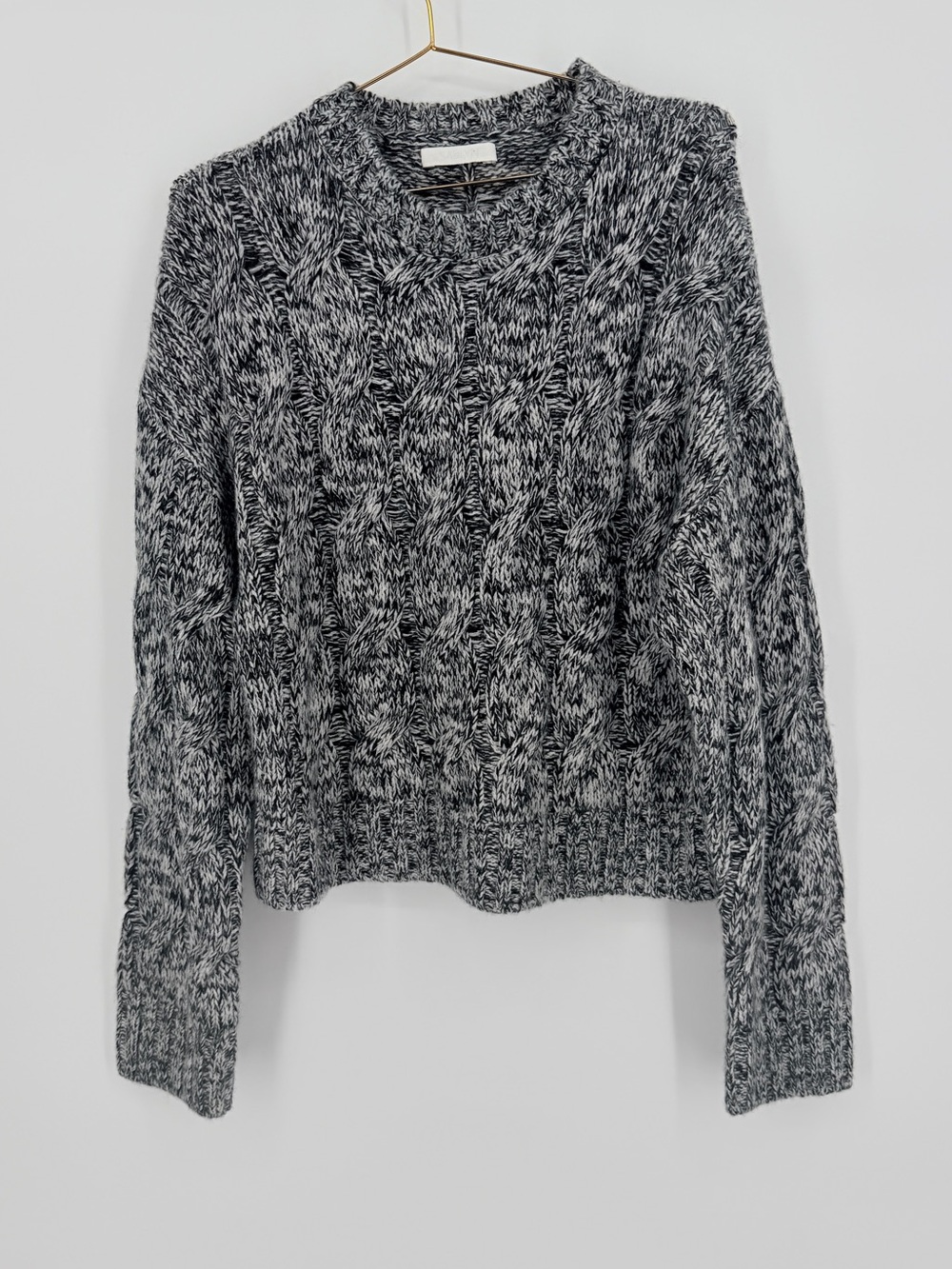 SABLYN 100% Cashmere Cable Knit Sweater Black White Marled Size M